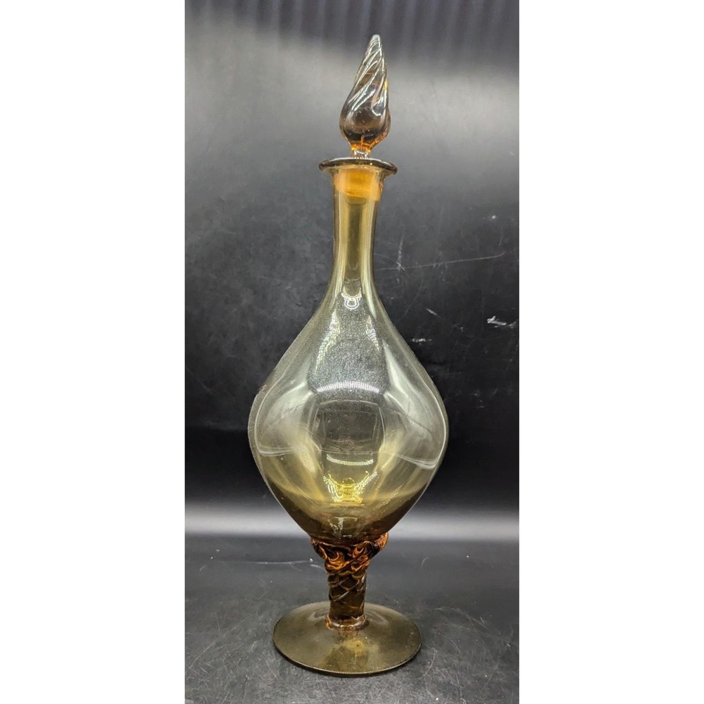 Vintage Mid-Century Amber Empoli Art Glass Decanter W Twisted Stopper 18"